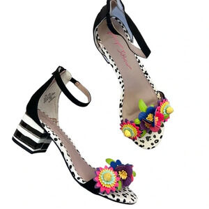 Betsey Johnson Black and White Heels with Colorful Floral Accents